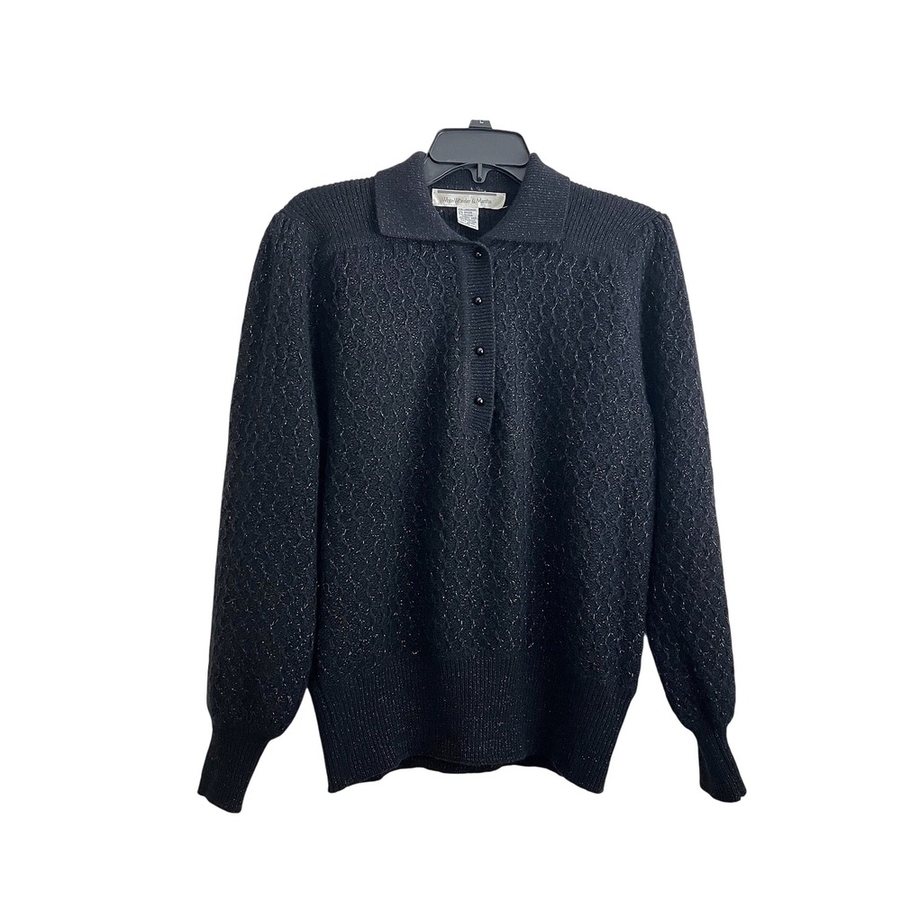 White Wheeler & Martha Metallic Lambswool Angora Puff Sleeve Knit Polo Sweater M